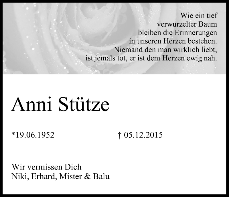  Traueranzeige für Anni Stütze vom 19.12.2015 aus MGO