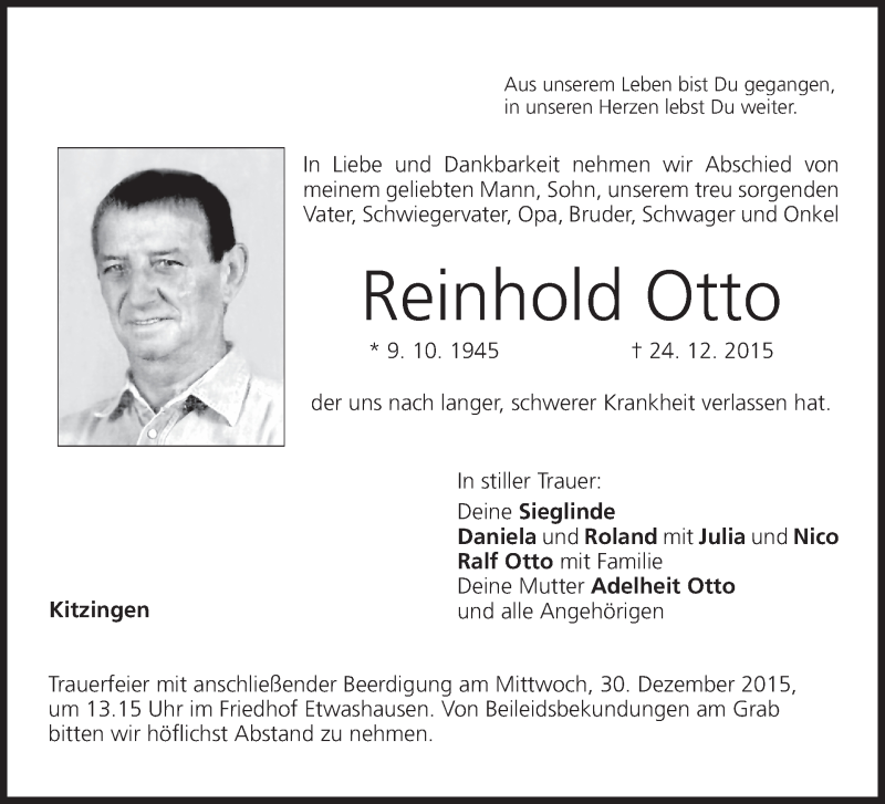  Traueranzeige für Reinhold Otto vom 28.12.2015 aus MGO