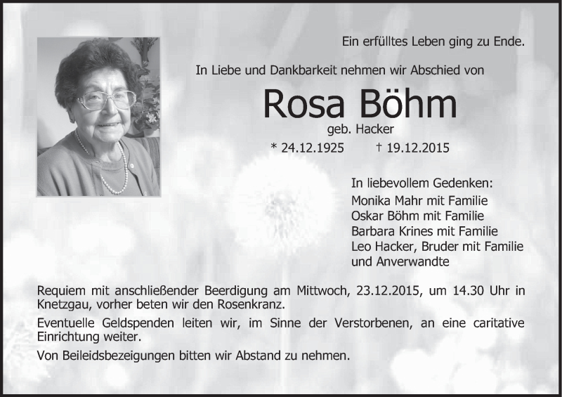  Traueranzeige für Rosa Böhm vom 21.12.2015 aus MGO