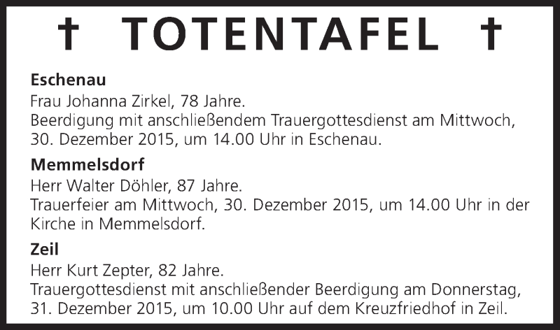  Traueranzeige für Totentafel vom 30.12.2015 vom 30.12.2015 aus MGO