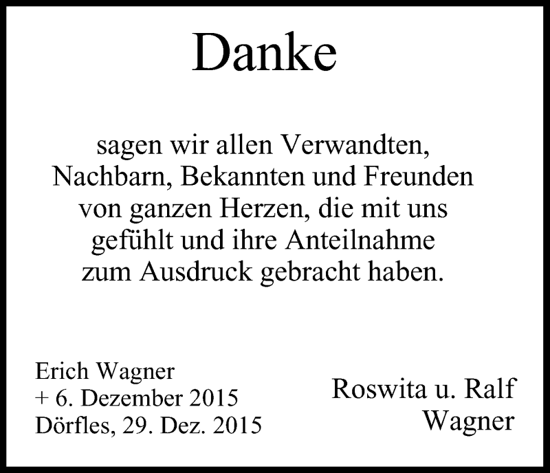  Traueranzeige für Erich Wagner vom 30.12.2015 aus MGO