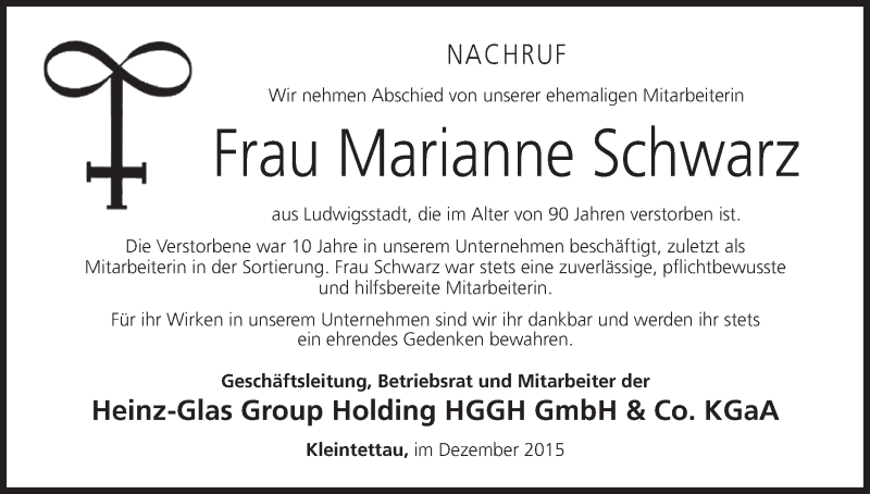  Traueranzeige für Marianne Schwarz vom 31.12.2015 aus MGO