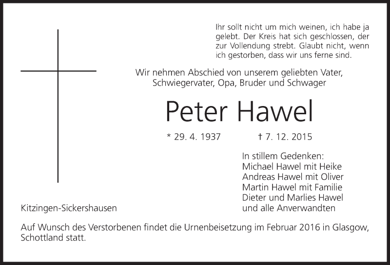  Traueranzeige für Peter Hawel vom 19.12.2015 aus MGO