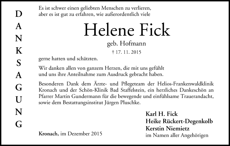  Traueranzeige für Helene Fick vom 18.12.2015 aus MGO