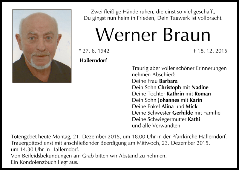  Traueranzeige für Werner Braun vom 21.12.2015 aus MGO