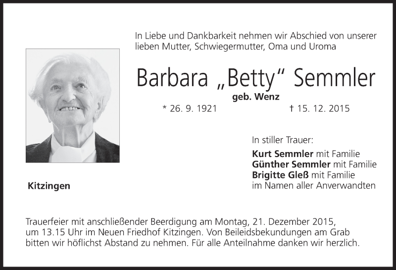  Traueranzeige für Barbara Semmler vom 17.12.2015 aus MGO