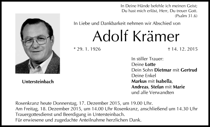  Traueranzeige für Adolf Krämer vom 17.12.2015 aus MGO