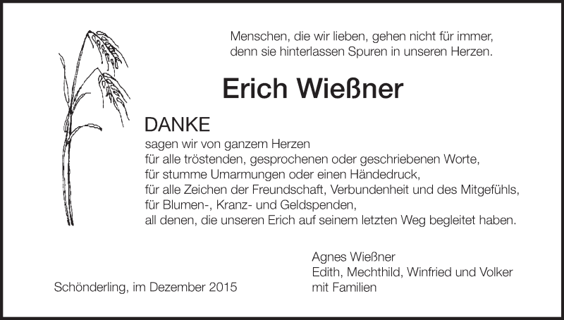  Traueranzeige für Erich Wießner vom 19.12.2015 aus MGO
