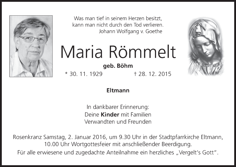  Traueranzeige für Maria Römmelt vom 30.12.2015 aus MGO