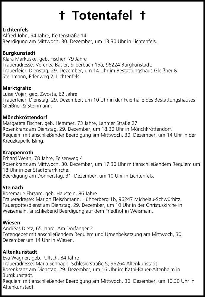  Traueranzeige für Totentafel vom 29.12.2015 vom 29.12.2015 aus MGO