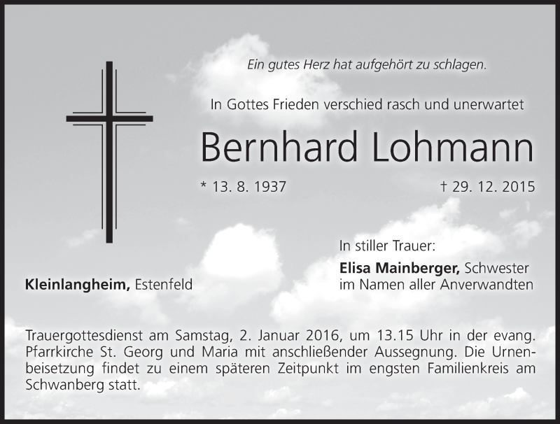  Traueranzeige für Bernhard Lohmann vom 31.12.2015 aus MGO