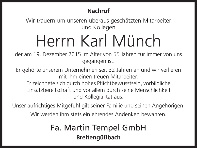  Traueranzeige für Karl Münch vom 24.12.2015 aus MGO