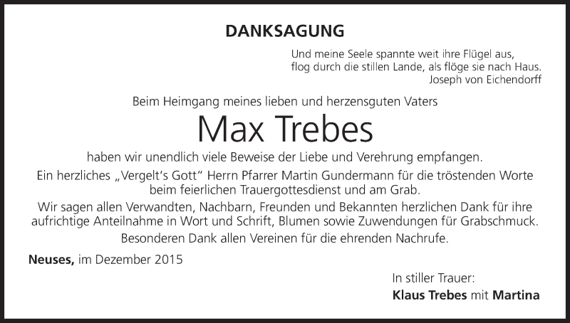  Traueranzeige für Max  Trebes vom 28.12.2015 aus MGO