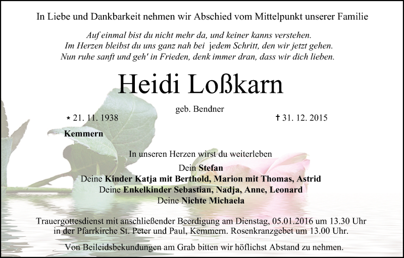  Traueranzeige für Heidi Loßkarn vom 04.01.2016 aus MGO