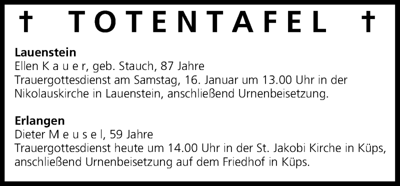  Traueranzeige für Totentafel vom 15.01.2016 vom 15.01.2016 aus MGO