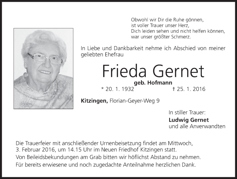  Traueranzeige für Frieda Gernet vom 30.01.2016 aus MGO