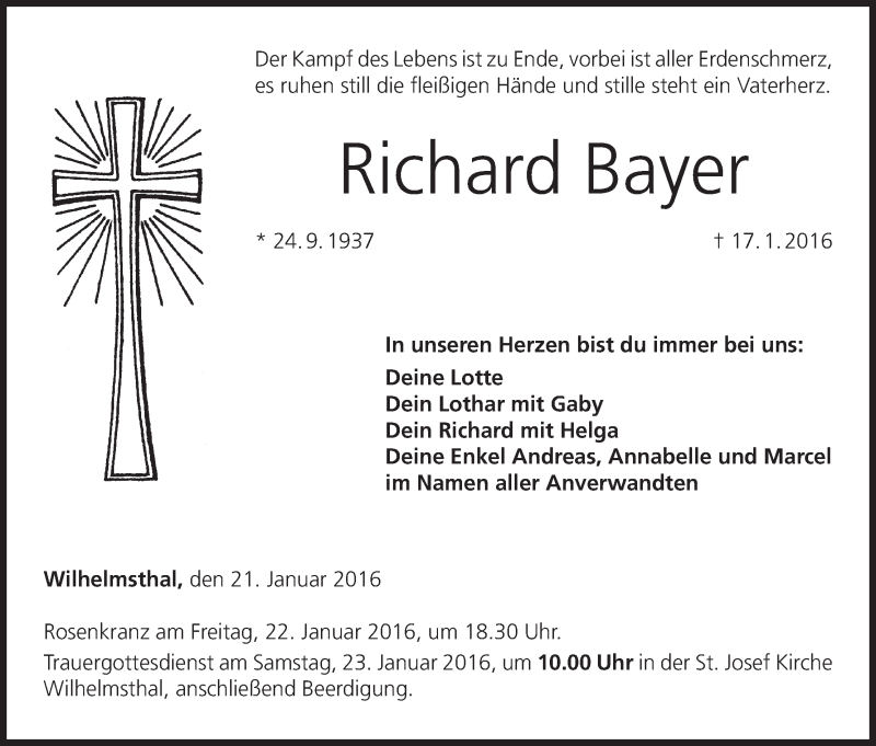  Traueranzeige für Richard Bayer vom 21.01.2016 aus MGO