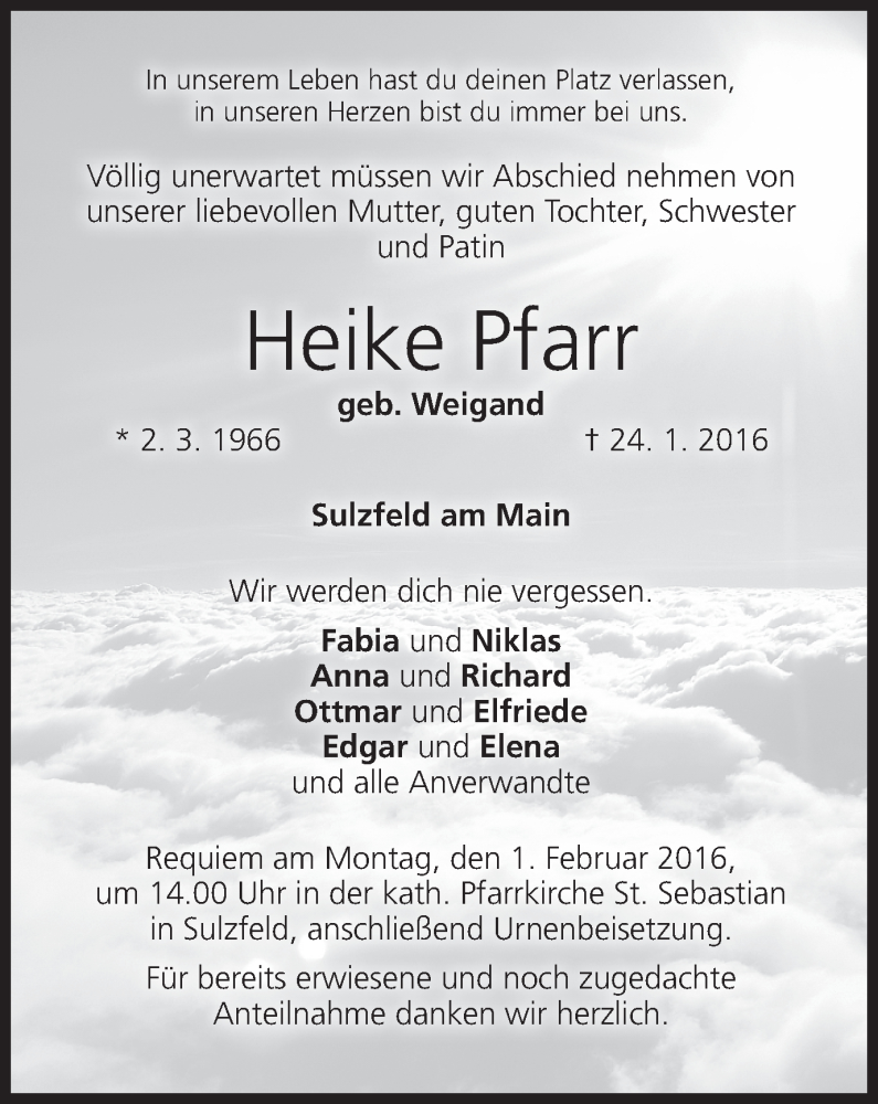  Traueranzeige für Heike Pfarr vom 29.01.2016 aus MGO