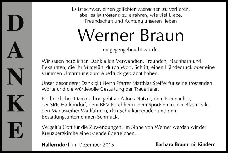  Traueranzeige für Werner Braun vom 02.01.2016 aus MGO