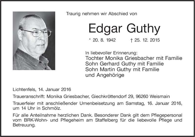  Traueranzeige für Edgar Guthy vom 14.01.2016 aus MGO