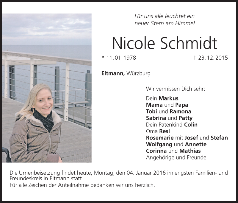  Traueranzeige für Nicole Schmidt vom 04.01.2016 aus MGO