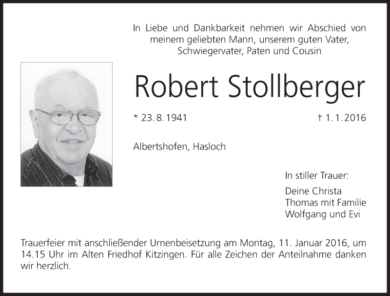  Traueranzeige für Robert Stollberger vom 09.01.2016 aus MGO