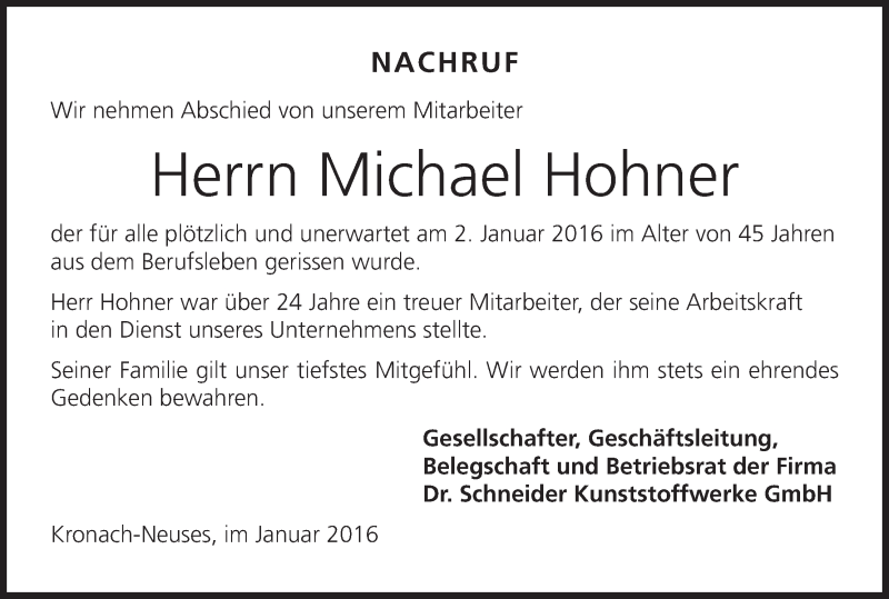  Traueranzeige für Michael Hohner vom 05.01.2016 aus MGO