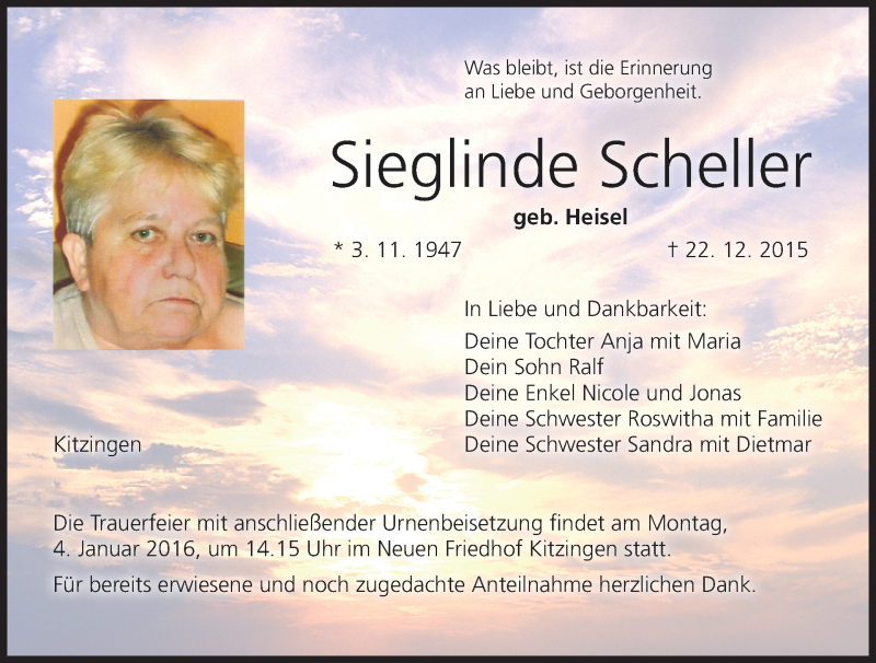  Traueranzeige für Sieglinde Scheller vom 02.01.2016 aus MGO