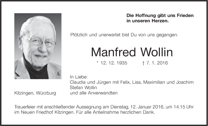  Traueranzeige für Manfred Wollin vom 09.01.2016 aus MGO