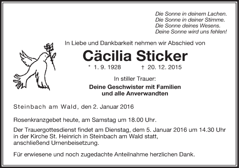  Traueranzeige für Cäcilia Sticker vom 02.01.2016 aus MGO