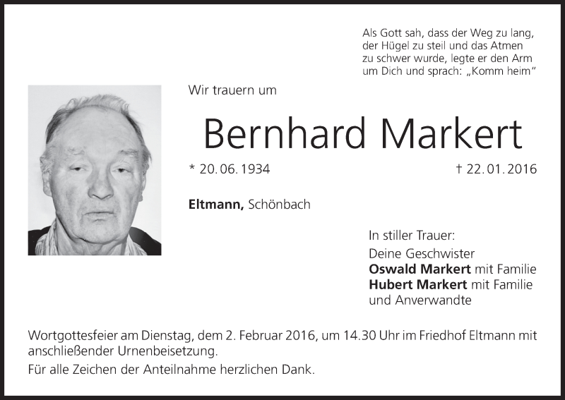  Traueranzeige für Bernhard Markert vom 30.01.2016 aus MGO