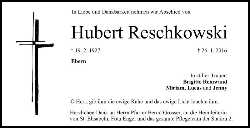  Traueranzeige für Hubert Reschkowski vom 28.01.2016 aus MGO