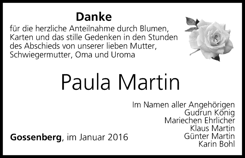  Traueranzeige für Paula Martin vom 23.01.2016 aus MGO