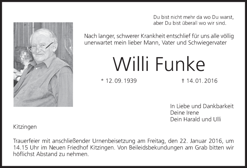  Traueranzeige für Willi Funke vom 16.01.2016 aus MGO