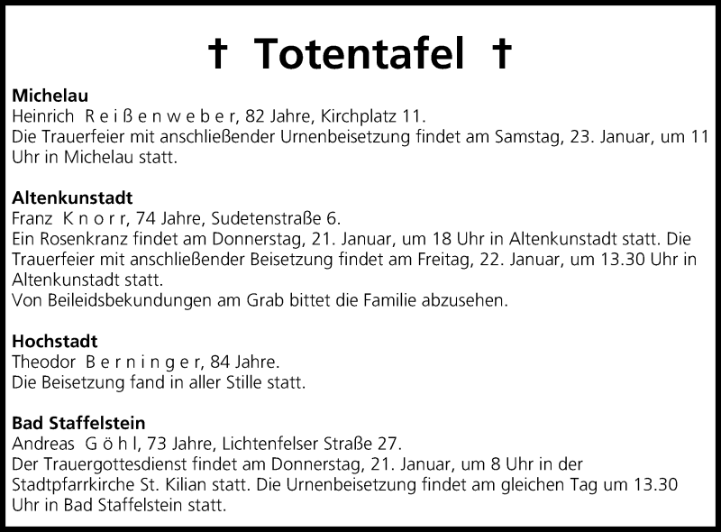  Traueranzeige für Totentafel vom 21.01.2016 vom 21.01.2016 aus MGO