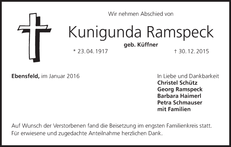  Traueranzeige für Kunigunda Ramspeck vom 09.01.2016 aus MGO