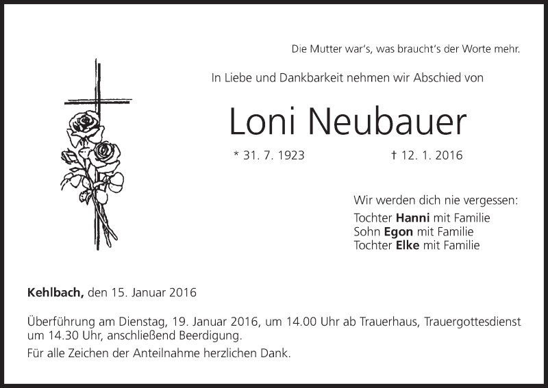  Traueranzeige für Loni Neubauer vom 15.01.2016 aus MGO