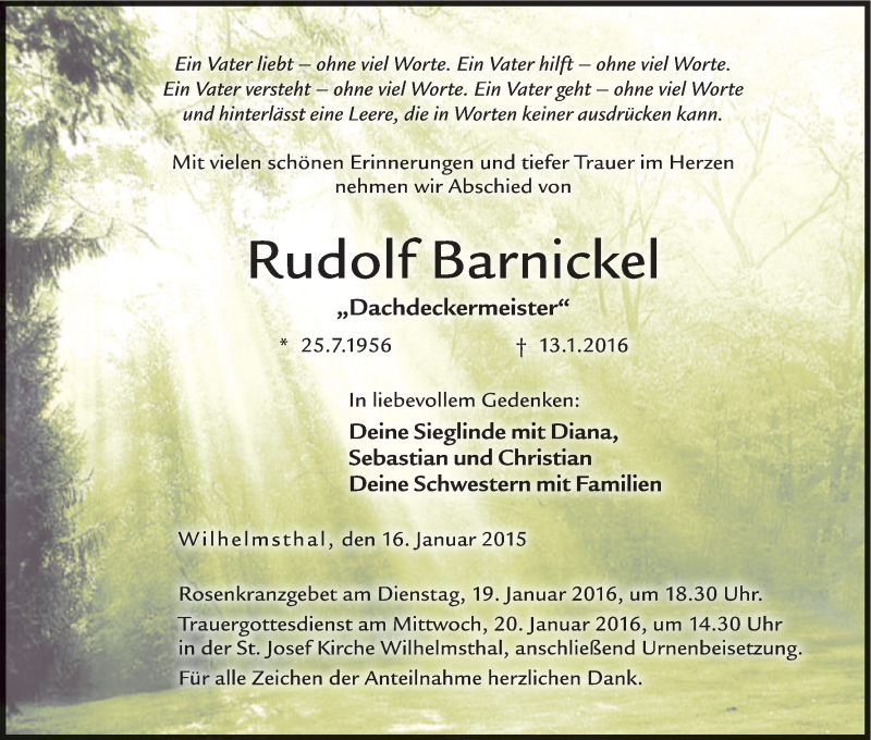  Traueranzeige für Rudolf Barnickel vom 16.01.2016 aus MGO