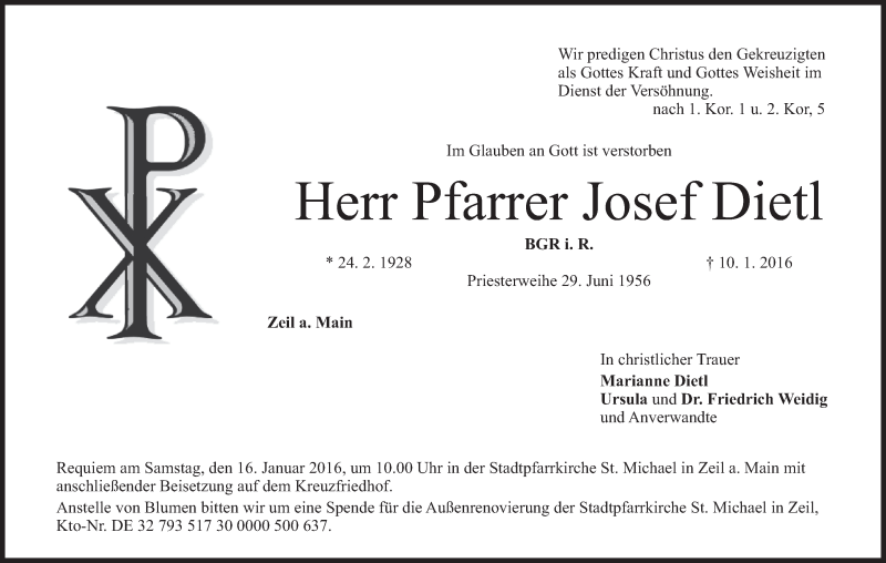  Traueranzeige für Josef Dietl vom 12.01.2016 aus MGO