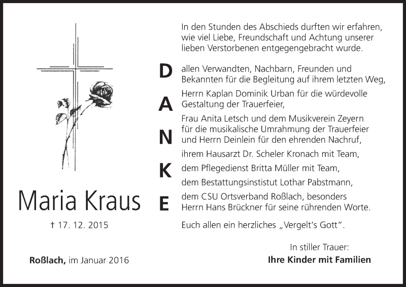  Traueranzeige für Maria Kraus vom 16.01.2016 aus MGO