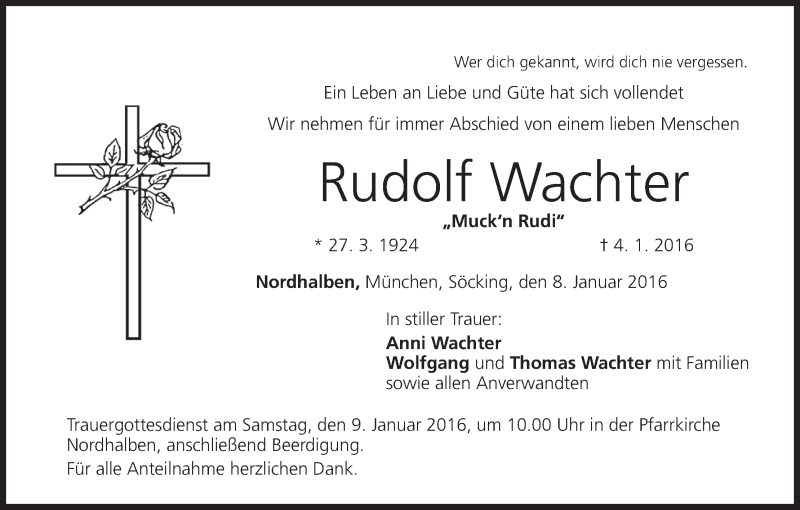  Traueranzeige für Rudolf Wachter vom 08.01.2016 aus MGO