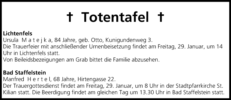  Traueranzeige für Totentafel vom 28.01.2016 vom 28.01.2016 aus MGO