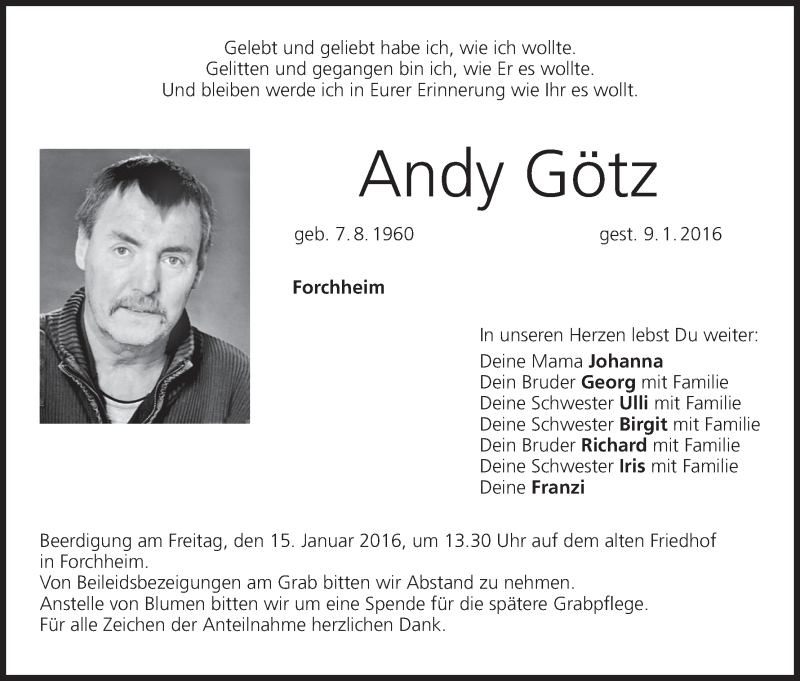  Traueranzeige für Andy Götz vom 12.01.2016 aus MGO