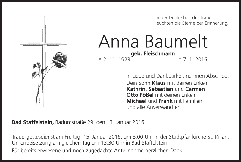  Traueranzeige für Anna Baumelt vom 13.01.2016 aus MGO