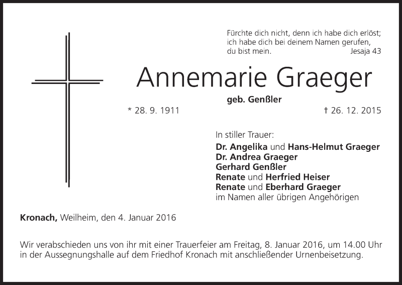 Traueranzeige für Annemarie Graeger vom 04.01.2016 aus MGO