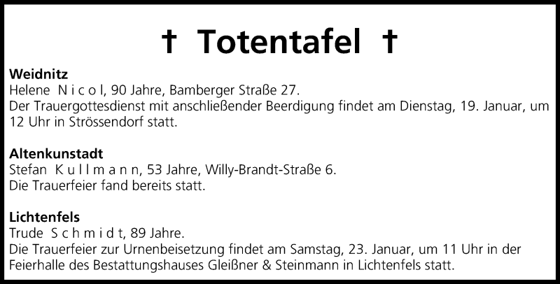  Traueranzeige für Totentafel vom 19.01.2016 vom 19.01.2016 aus MGO