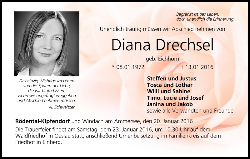  Traueranzeige für Diana Drechsel vom 20.01.2016 aus MGO