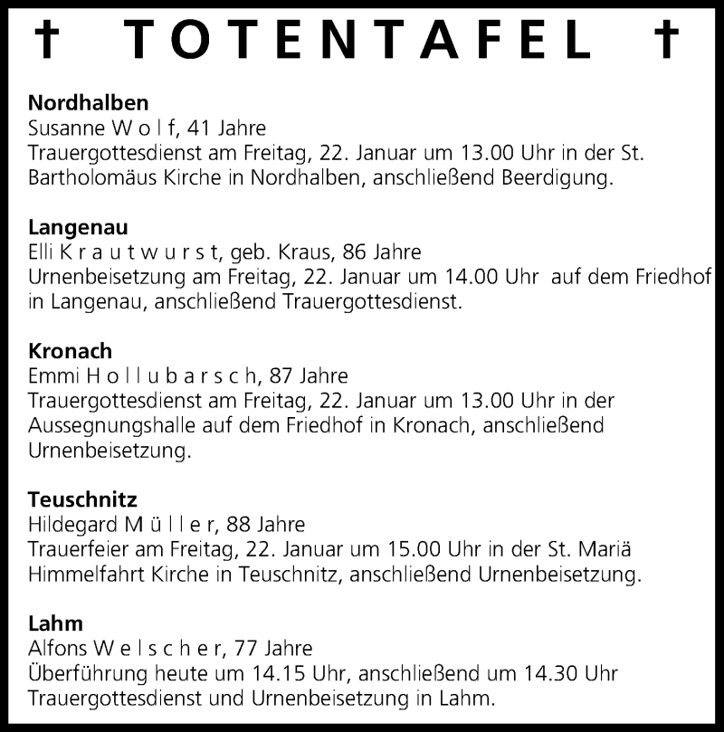  Traueranzeige für Totentafel vom 21.01.2016 vom 21.01.2016 aus MGO