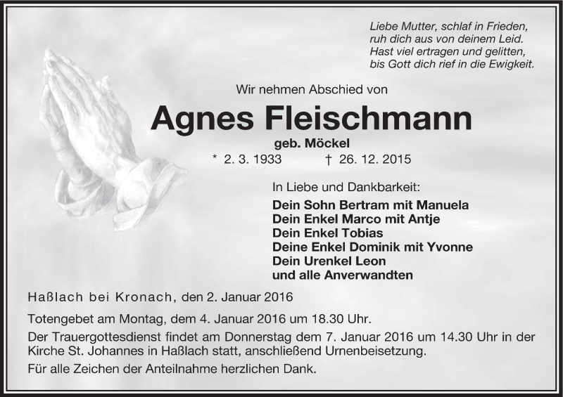  Traueranzeige für Agnes Fleischmann vom 02.01.2016 aus MGO