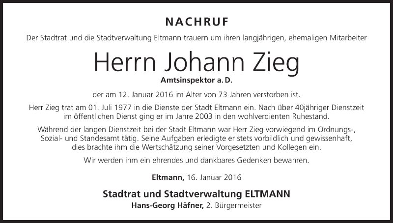  Traueranzeige für Johann Zieg vom 16.01.2016 aus MGO